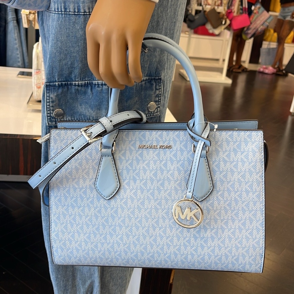MICHAEL KORS Sheila Medium Logo CZ Satchel Crossbody Bag 
Light Sky
NWT - Picture 12 of 16